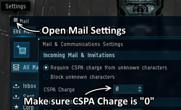 CSPAはメールの送信にも手数料を掛けられるので、設定画面はメールウィンドウの中にある。 CSPAはメールの送信にも手数料を掛けられるので、設定画面はメールウィンドウの中にある。